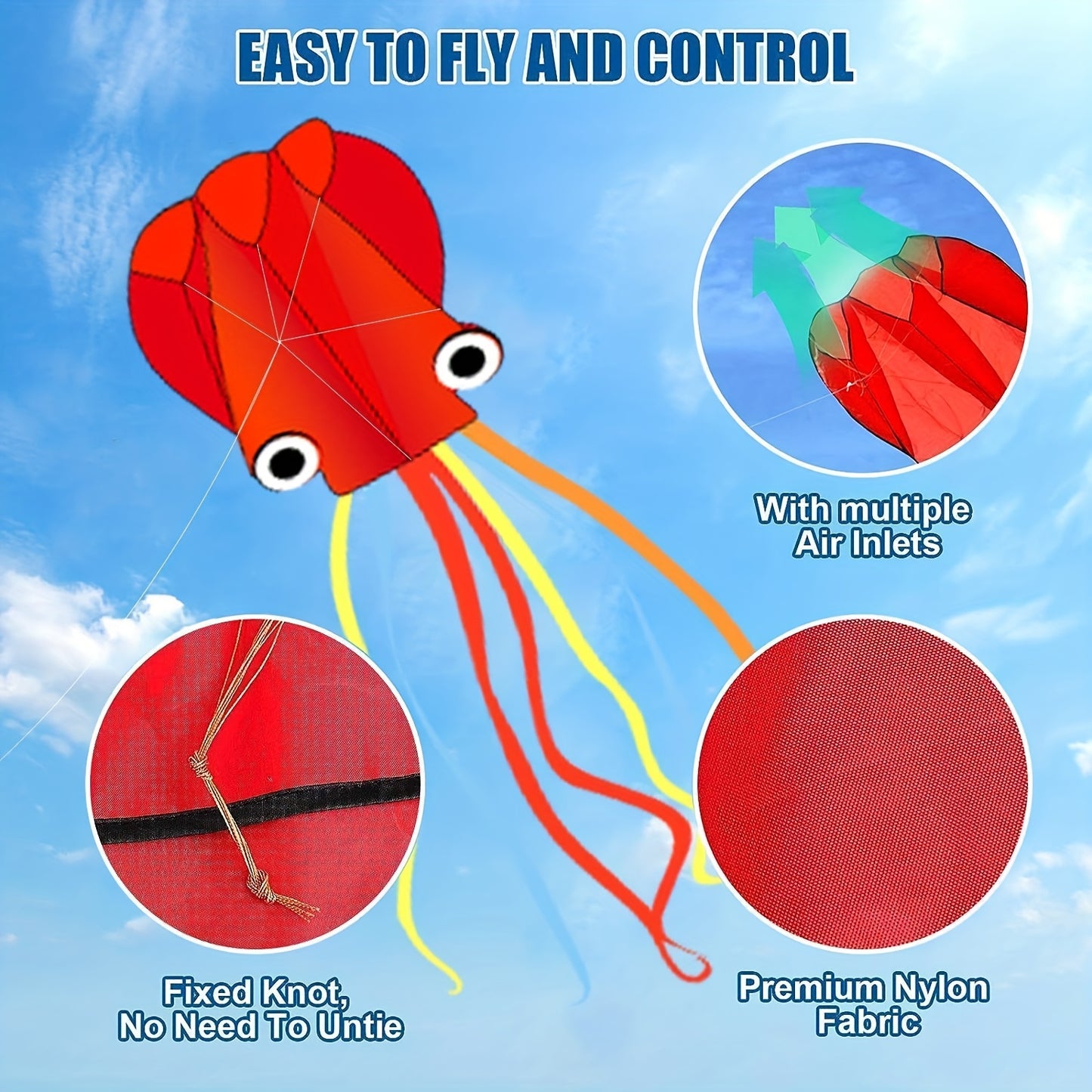 Bright Red Large Octopus Kite for Youngsters & Adults - Beginner-Friendly Outdoor Activity with Line & Handle, Vibrant Design for Festive Occasions like Halloween, Christmas, and New Year, Octopus Decor