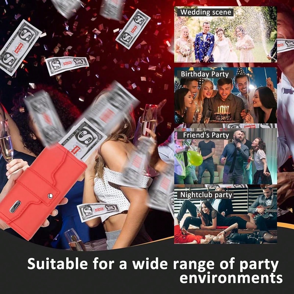 Electric Money Guns Shooter Red, Cash Cannon Money Shooter Toy Gun Money Wallet With Fake 100 Paper Bills, Party Toy Dispenser Cash Toy Handheld Cash Gun For Game Movies And Birthday Bachelor Parties Red