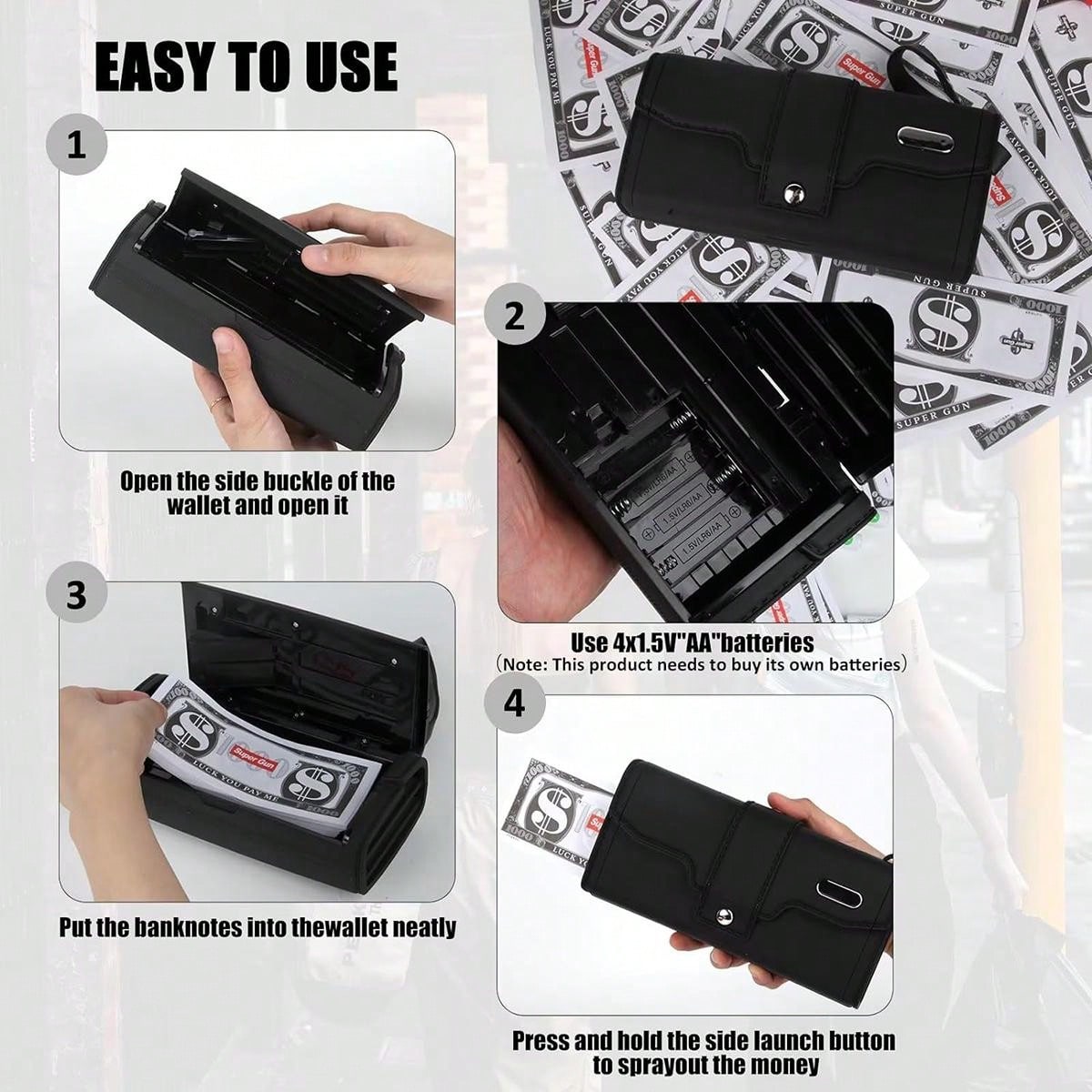 Money Rain Shooting Toy Gun With Prop Money Bag Cash Cannon With Money Spray Gun Can Spray Real Money With 100 Fake Bills Suitable For Game Movie Party Birthday Gift Black Black