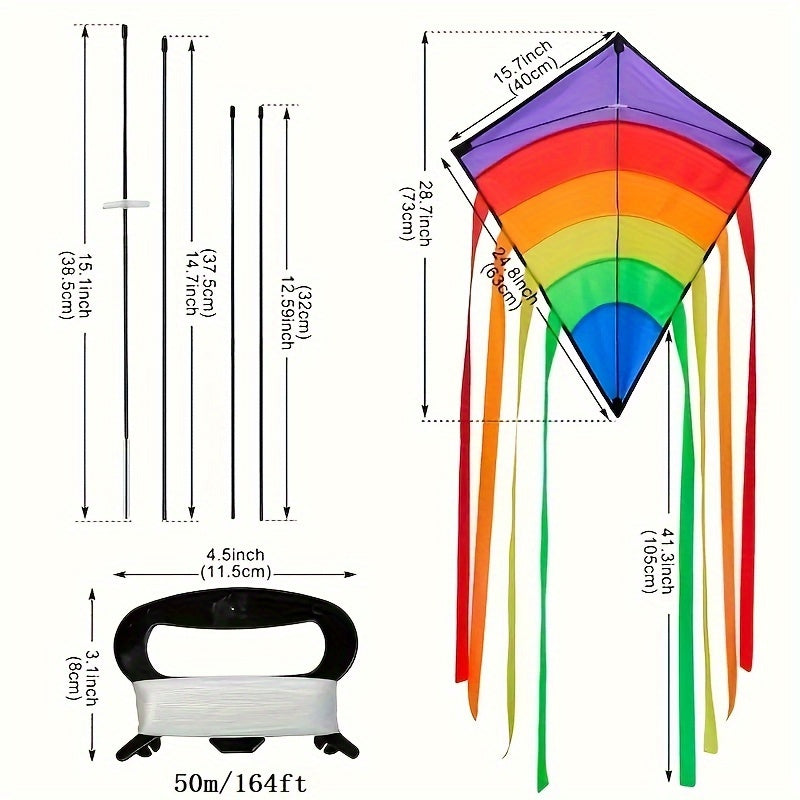 1 Vibrant Rainbow Diamond Kite - Durable Polyester with Colorful Tassels, Perfect for Beach, Park & Outdoor Fun - Purple\u002FRed\u002FYellow, Beach Accessories