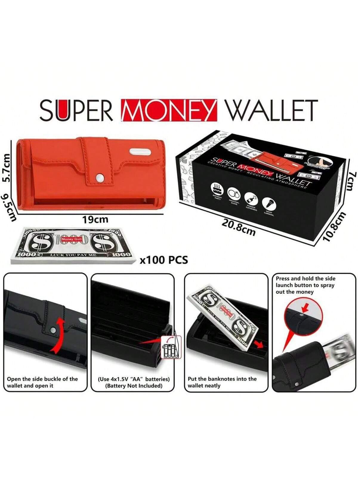 Electric  Money Guns Shooter Red, Cash Cannon Money Shooter Toy Gun Money Wallet With Fake 100 Paper Bills, Party Toy Dispenser Cash Toy Handheld Cash Gun For Game Movies And Birthday Bachelor Parties Red