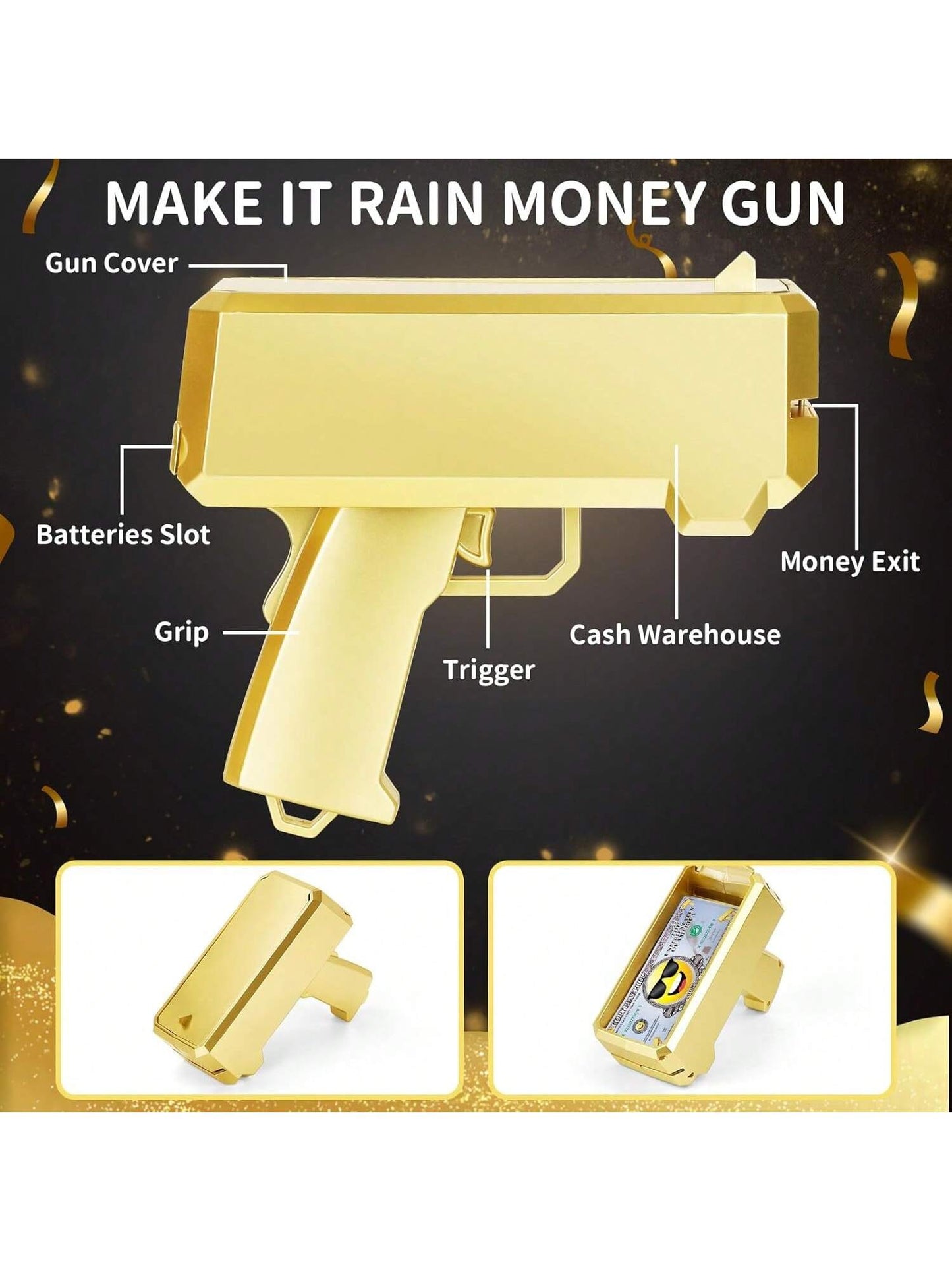 Make It Rain Money Gun With 100 PCS Prop Paper, Paper Playing Spary Money Toy Gun, Prop Money Gun Cash Gun Toy Party Supplies  Thrower Gun For Game Movies Gold 1