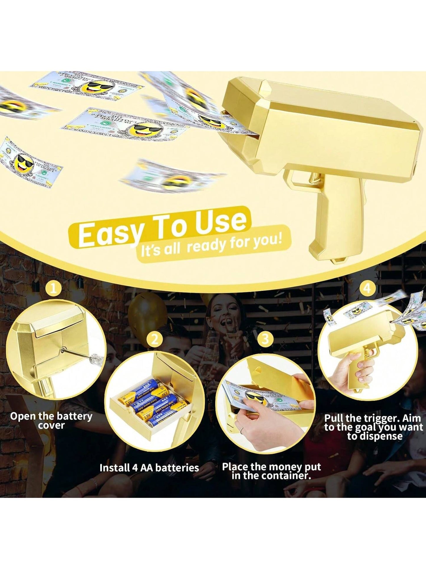 Make It Rain Money Gun With 100 PCS Prop Paper, Paper Playing Spary Money Toy Gun, Prop Money Gun Cash Gun Toy Party Supplies  Thrower Gun For Game Movies Gold 1