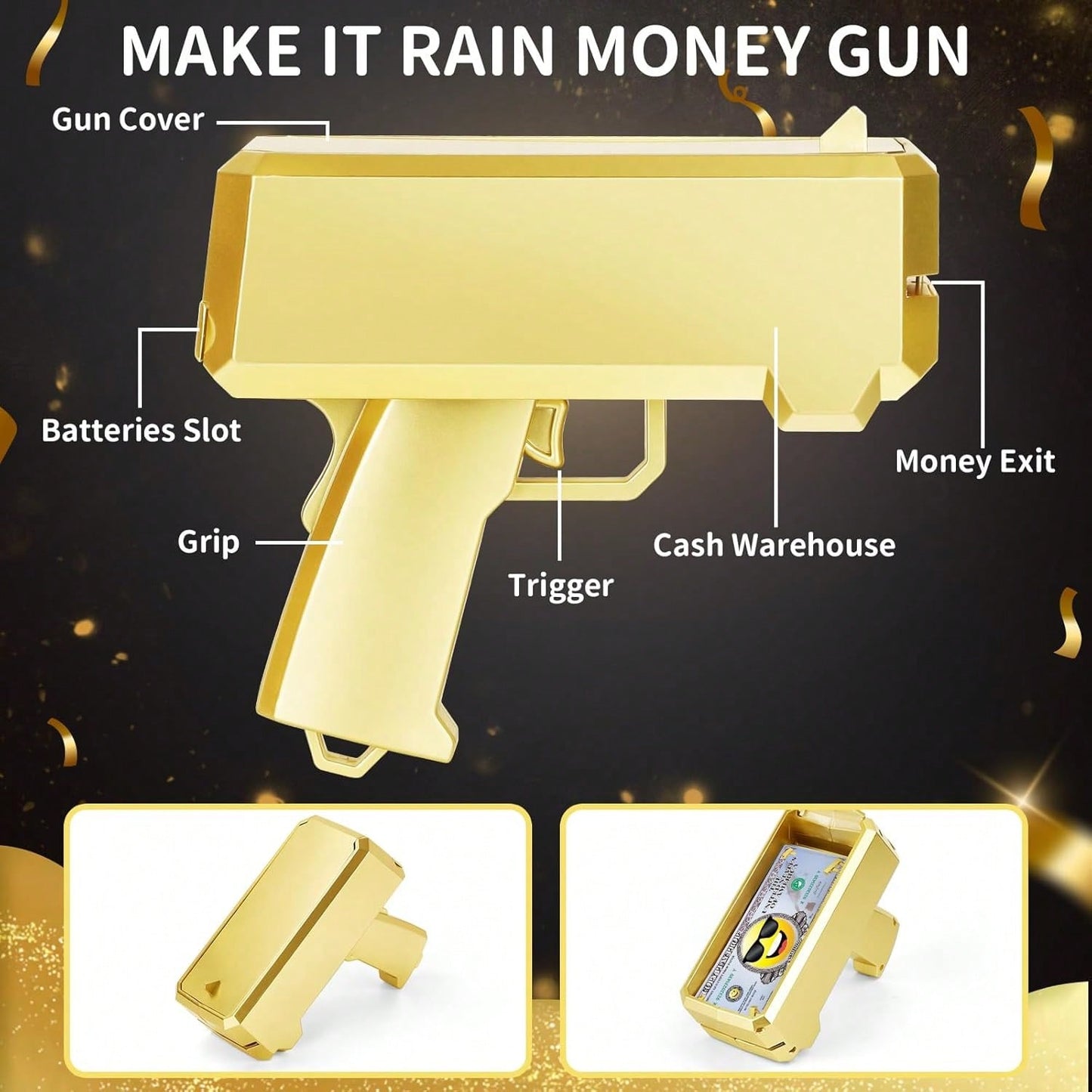Make It Rain Money Gun With 100 PCS Prop Paper, Paper Playing Spary Money Toy Gun, Prop Money Gun Cash Gun Toy Party Supplies  Thrower Gun For Game Movies Gold 1