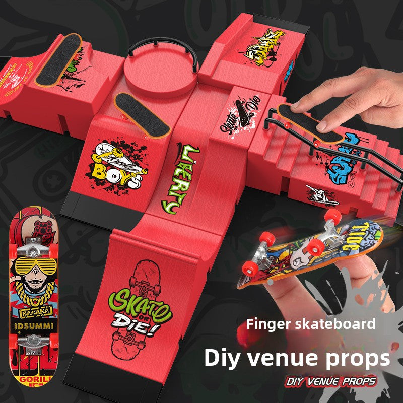 Hand Finger Skateboard Skiing Park Slope Set, 6-in-1 Fingerboard Skateboard with 6 Slopes and 6 Fingerboards, Fingerboard Half Tube Slope Suitable for Children and Adults Fingerboard Training Props Interactive Freestyle Skateboard Game,