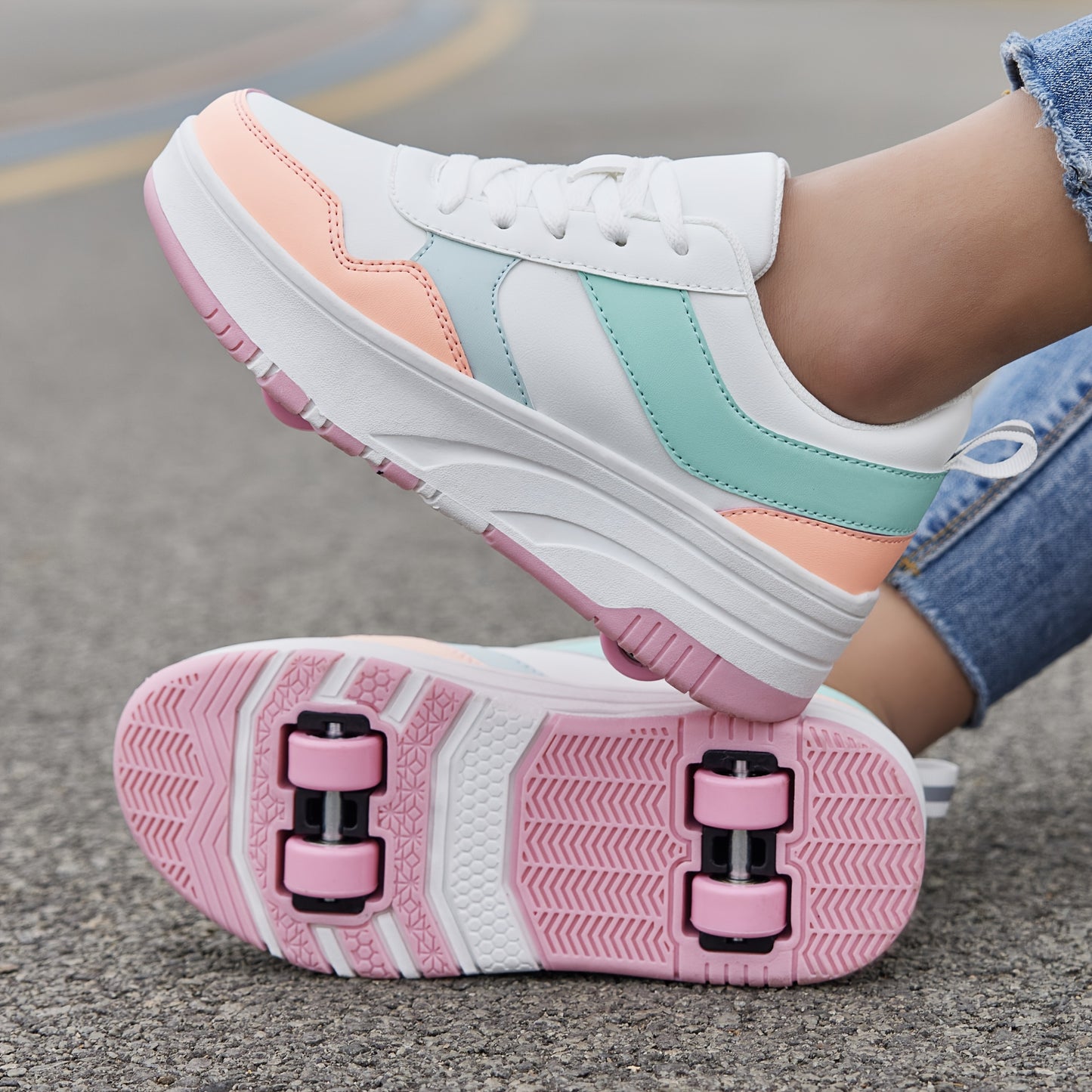 Girls' Retro Sporty Roller Skates with Detachable Wheels - Durable, All-Season Lace-Up Sneakers in Pink & White with Blue Accents, Low-Top Design, PU Upper & TPR Sole, Perfect for Outdoor Play and Skateboarding