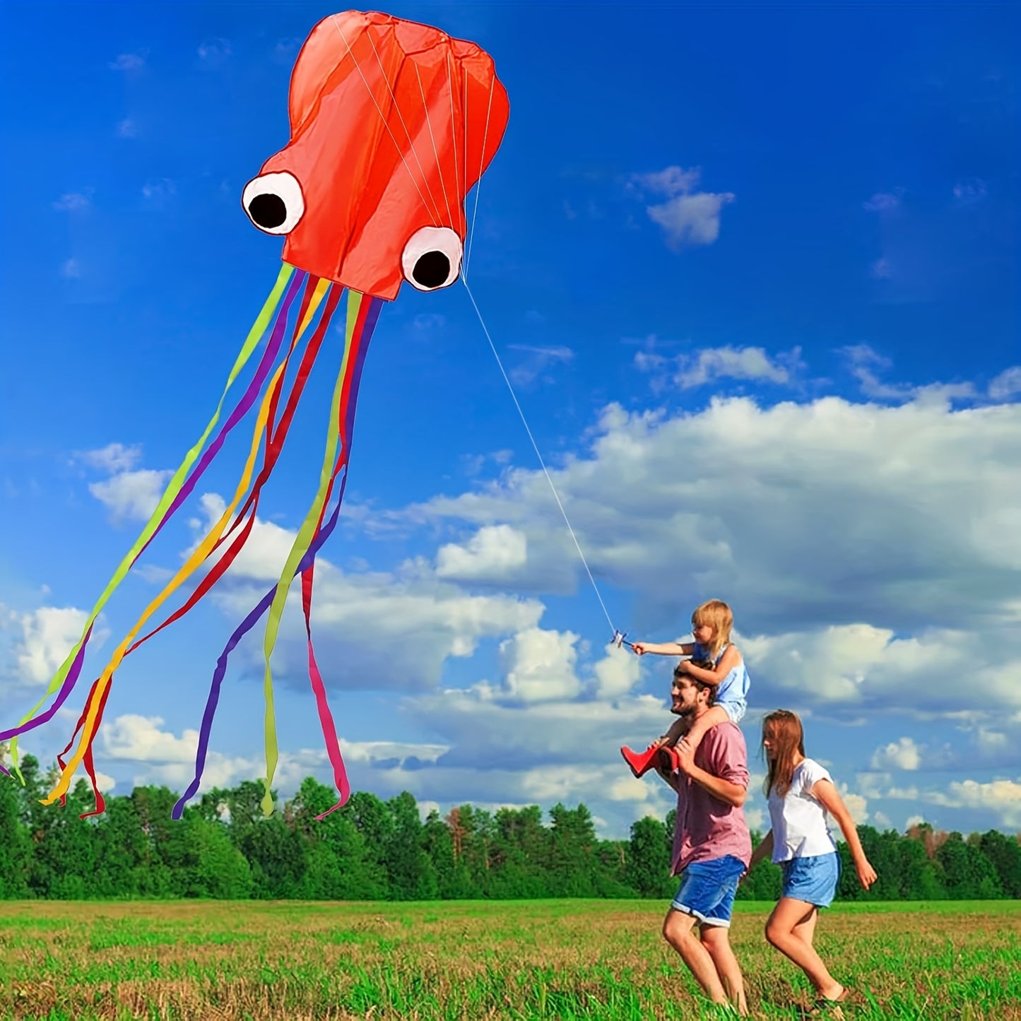 Bright Red Large Octopus Kite for Youngsters & Adults - Beginner-Friendly Outdoor Activity with Line & Handle, Vibrant Design for Festive Occasions like Halloween, Christmas, and New Year, Octopus Decor