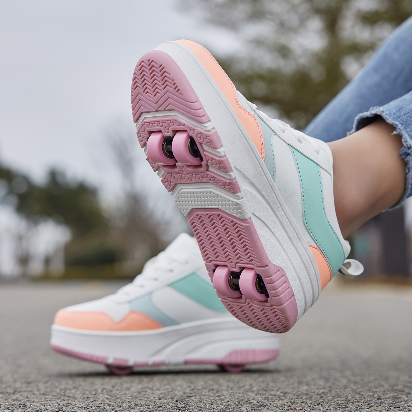 Girls' Retro Sporty Roller Skates with Detachable Wheels - Durable, All-Season Lace-Up Sneakers in Pink & White with Blue Accents, Low-Top Design, PU Upper & TPR Sole, Perfect for Outdoor Play and Skateboarding