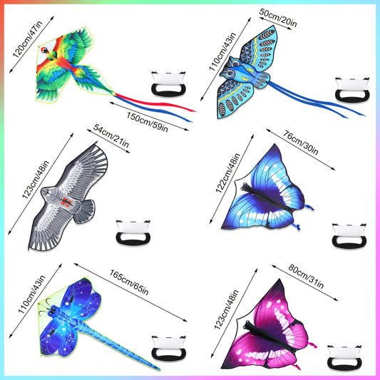 6pcs Large Polyester Kites for Youngsters & Adults - Assorted Designs Including Butterfly, Dragonfly, Owl, Parrot, Eagle, Goldfish - Easy to Fly Outdoor Beach Games and Activities, Beach Kite, YAOMIAO