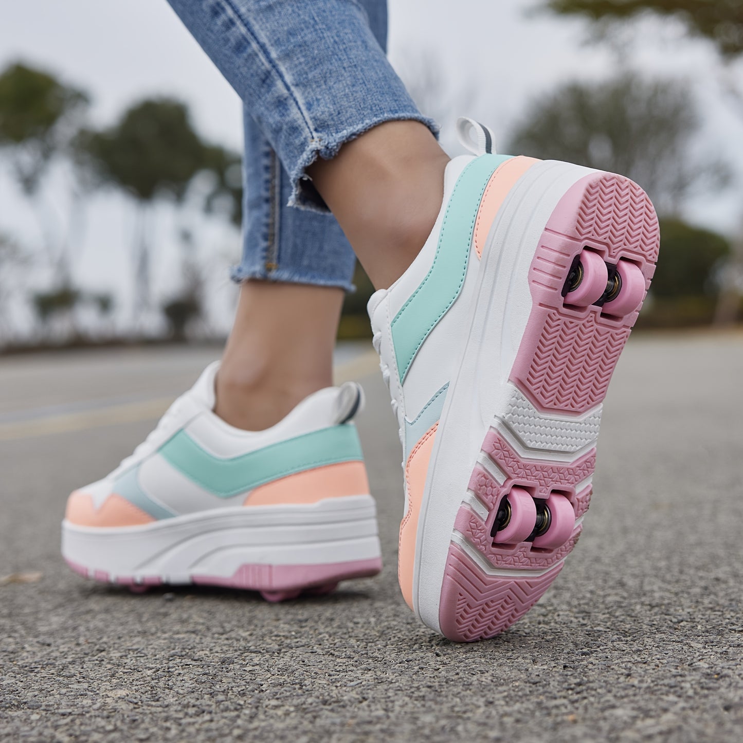Girls' Retro Sporty Roller Skates with Detachable Wheels - Durable, All-Season Lace-Up Sneakers in Pink & White with Blue Accents, Low-Top Design, PU Upper & TPR Sole, Perfect for Outdoor Play and Skateboarding