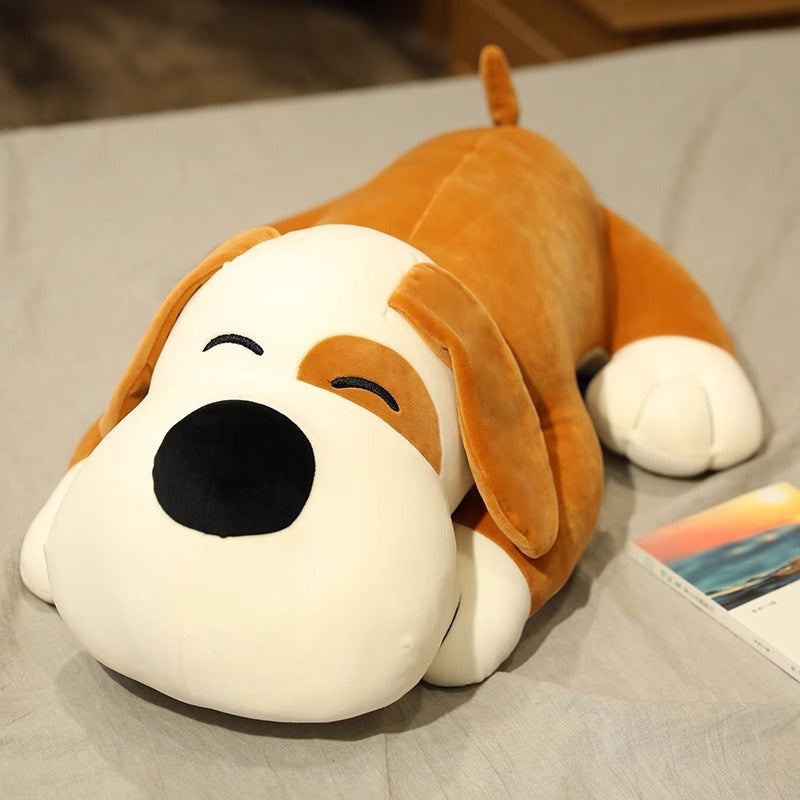 Plush Pillow of a Lying Dog, a Large Stuffed Toy for Cuddling And Sleeping on The Bed.