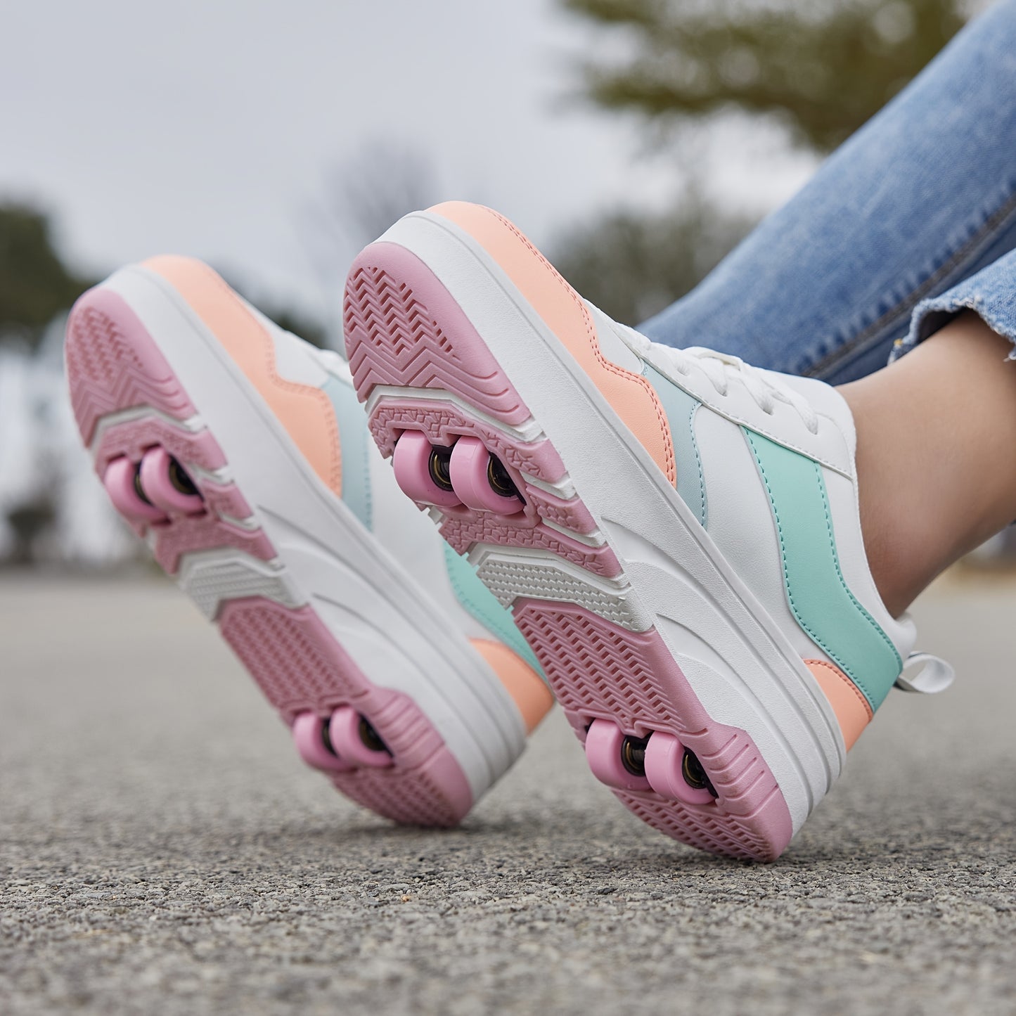 Girls' Retro Sporty Roller Skates with Detachable Wheels - Durable, All-Season Lace-Up Sneakers in Pink & White with Blue Accents, Low-Top Design, PU Upper & TPR Sole, Perfect for Outdoor Play and Skateboarding