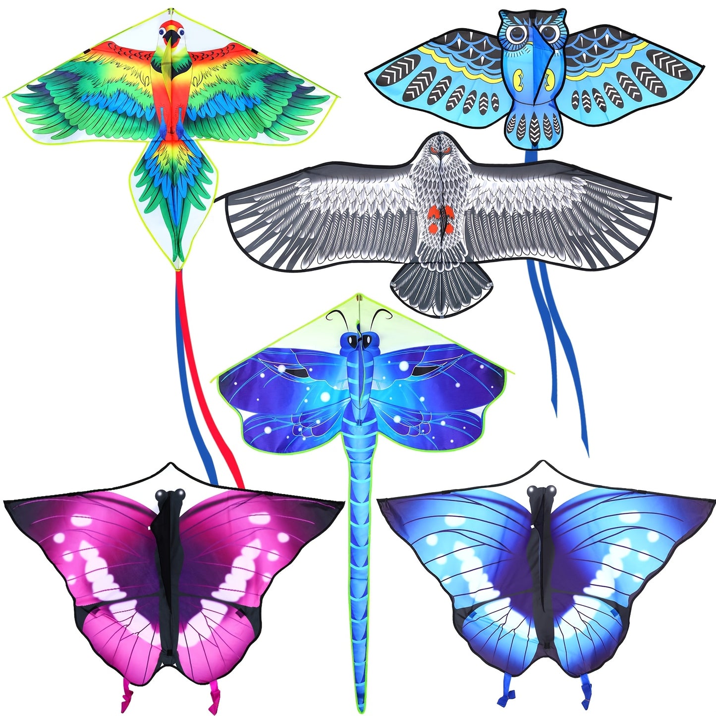 6pcs Large Polyester Kites for Youngsters & Adults - Assorted Designs Including Butterfly, Dragonfly, Owl, Parrot, Eagle, Goldfish - Easy to Fly Outdoor Beach Games and Activities, Beach Kite, YAOMIAO