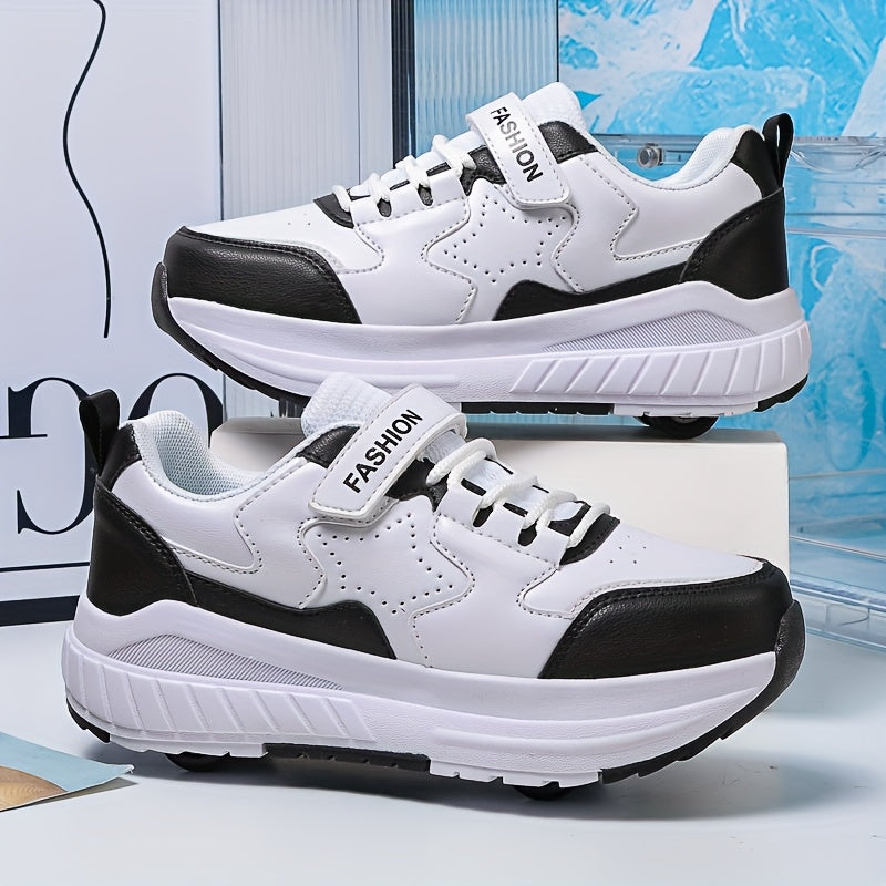 Fashionable Skate Shoes Pink & White Youth Roller Skate Shoes - Low-Top, Rotating Buckle Closure, Detachable Wheels, All-Season TPU & Fabric Construction