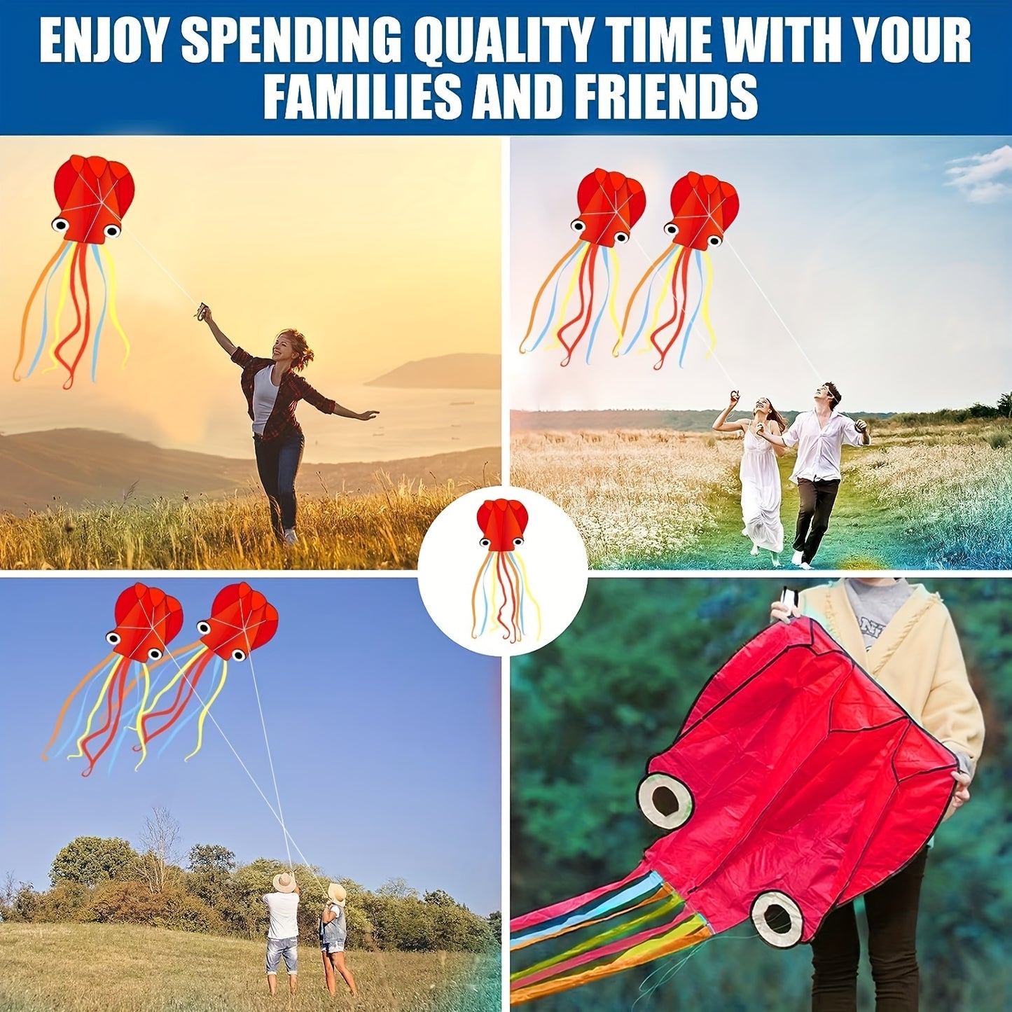 Bright Red Large Octopus Kite for Youngsters & Adults - Beginner-Friendly Outdoor Activity with Line & Handle, Vibrant Design for Festive Occasions like Halloween, Christmas, and New Year, Octopus Decor