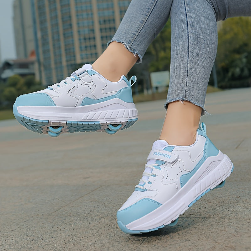 Fashionable Skate Shoes Pink & White Youth Roller Skate Shoes - Low-Top, Rotating Buckle Closure, Detachable Wheels, All-Season TPU & Fabric Construction