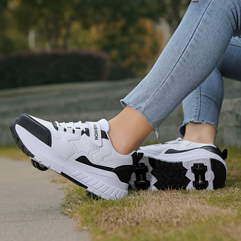 Fashionable Skate Shoes Pink & White Youth Roller Skate Shoes - Low-Top, Rotating Buckle Closure, Detachable Wheels, All-Season TPU & Fabric Construction