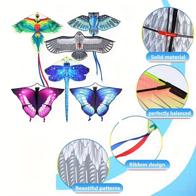 6pcs Large Polyester Kites for Youngsters & Adults - Assorted Designs Including Butterfly, Dragonfly, Owl, Parrot, Eagle, Goldfish - Easy to Fly Outdoor Beach Games and Activities, Beach Kite, YAOMIAO