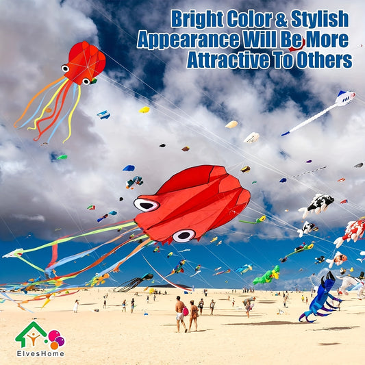 Bright Red Large Octopus Kite for Youngsters & Adults - Beginner-Friendly Outdoor Activity with Line & Handle, Vibrant Design for Festive Occasions like Halloween, Christmas, and New Year, Octopus Decor