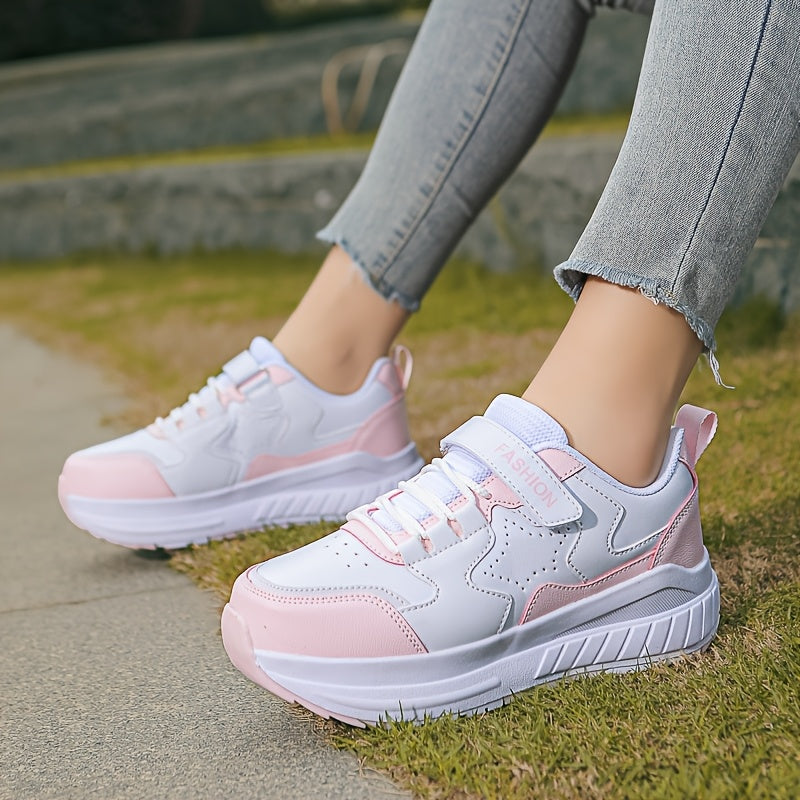 Fashionable Skate Shoes Pink & White Youth Roller Skate Shoes - Low-Top, Rotating Buckle Closure, Detachable Wheels, All-Season TPU & Fabric Construction