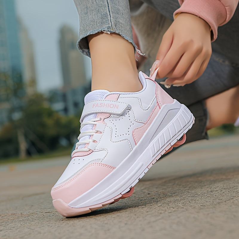 Fashionable Skate Shoes Pink & White Youth Roller Skate Shoes - Low-Top, Rotating Buckle Closure, Detachable Wheels, All-Season TPU & Fabric Construction