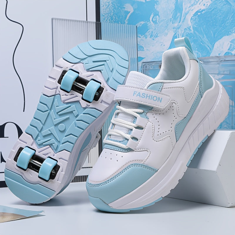 Fashionable Skate Shoes Pink & White Youth Roller Skate Shoes - Low-Top, Rotating Buckle Closure, Detachable Wheels, All-Season TPU & Fabric Construction