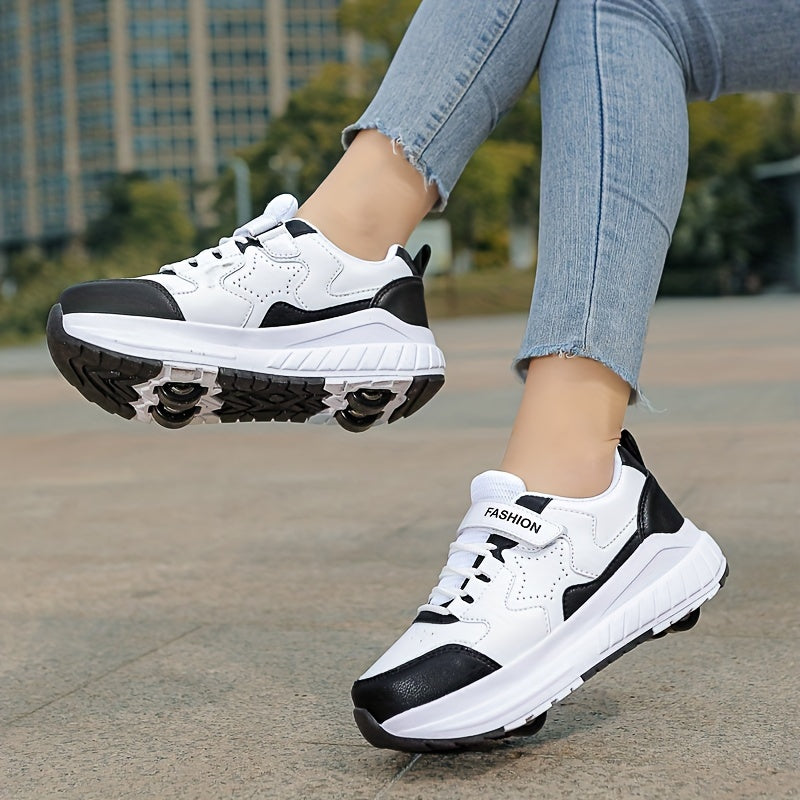 Fashionable Skate Shoes Pink & White Youth Roller Skate Shoes - Low-Top, Rotating Buckle Closure, Detachable Wheels, All-Season TPU & Fabric Construction