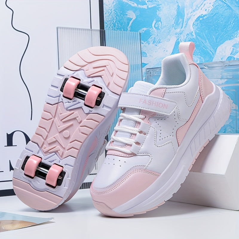 Fashionable Skate Shoes Pink & White Youth Roller Skate Shoes - Low-Top, Rotating Buckle Closure, Detachable Wheels, All-Season TPU & Fabric Construction